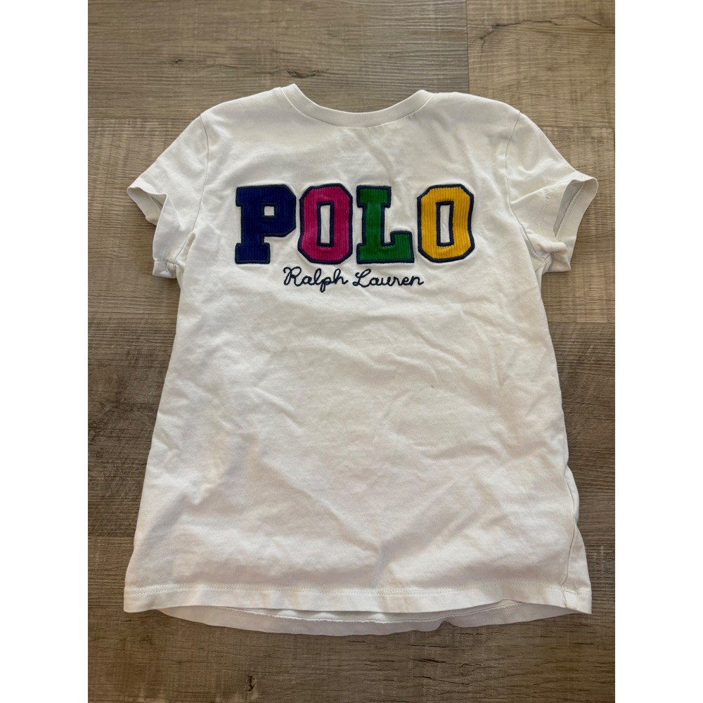 Polo Ralph Lauren Girls White Multicolor Appliqué Logo Tee Size 7